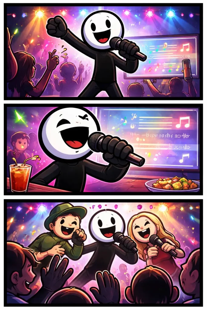 Stickman zingt karaoke in Toonwords-stijl met microfoon en enthousiaste houding.