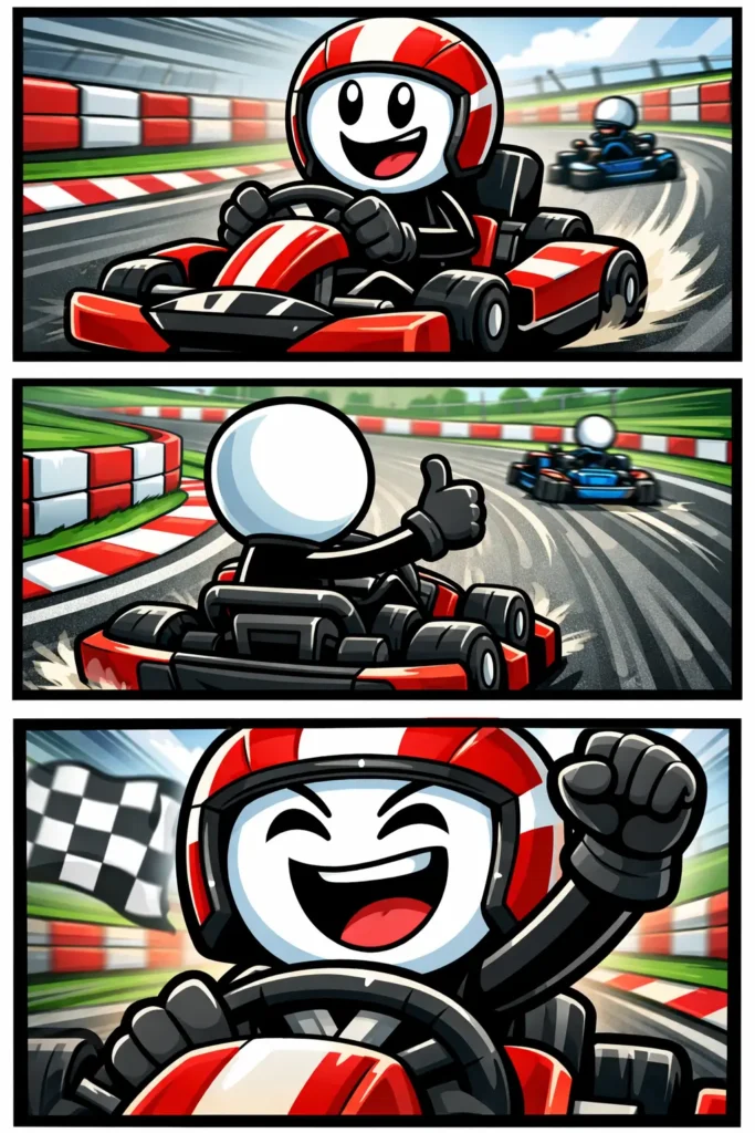 Stickman die aan het karten is op een bochtige baan in kleur, passend bij het woord karten.