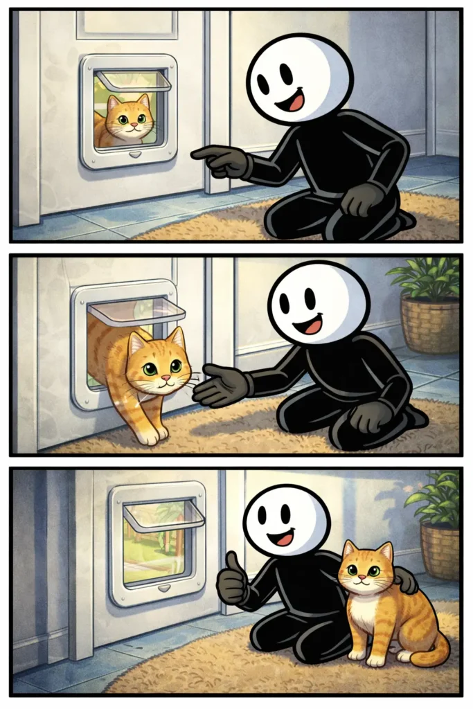 Stripafbeelding met drie panelen waarin een stickman een kattenluik bekijkt, installeert en gebruikt in verschillende cameraposities — Toonword Kattenluik.