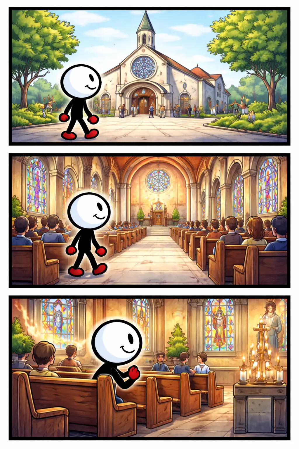 Stripafbeelding van een stickman bij een Kerk, eerst buiten voor het gebouw, daarna binnen in de kerkzaal en tenslotte zittend in stilte op een kerkbank.