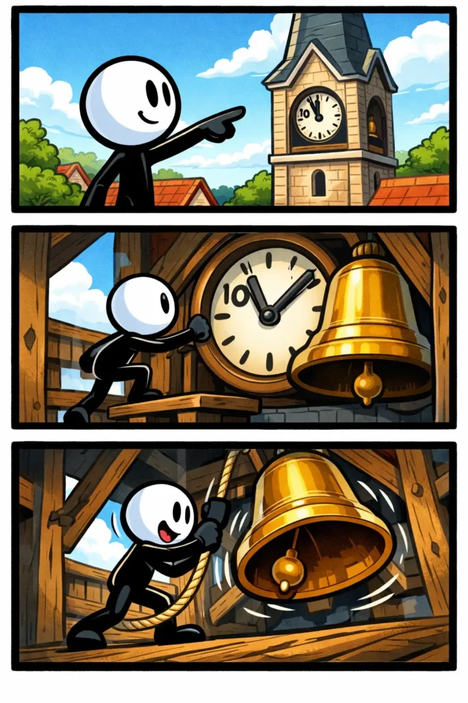Stripafbeelding van een stickman bij een kerkklok in Toonwords-stijl, passend bij het woord “Kerkklok”.