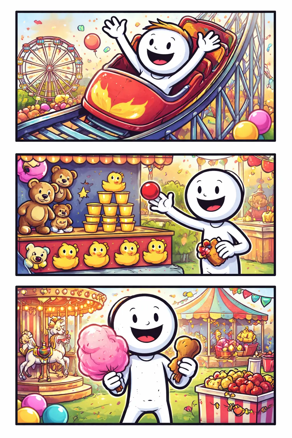 Stripafbeelding met drie panelen waarin een stickman de Kermis beleeft met attracties, spelletjes en vrolijke sfeer.