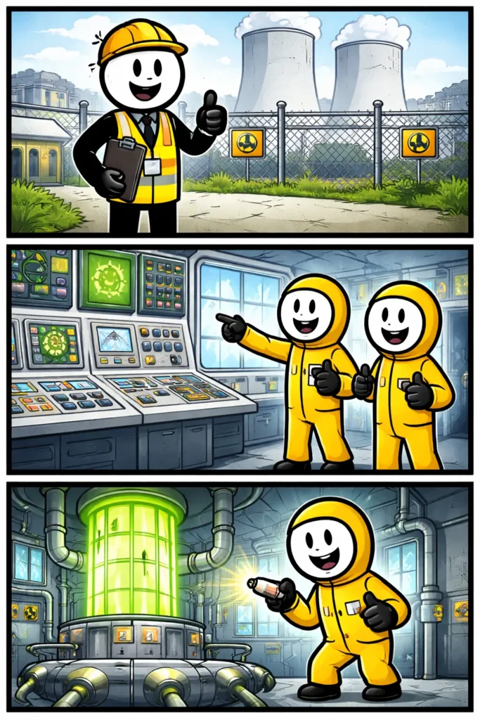 Een strip waarin een kerncentrale duidelijk herkenbaar is door torens, controlekamer en reactorruimte.