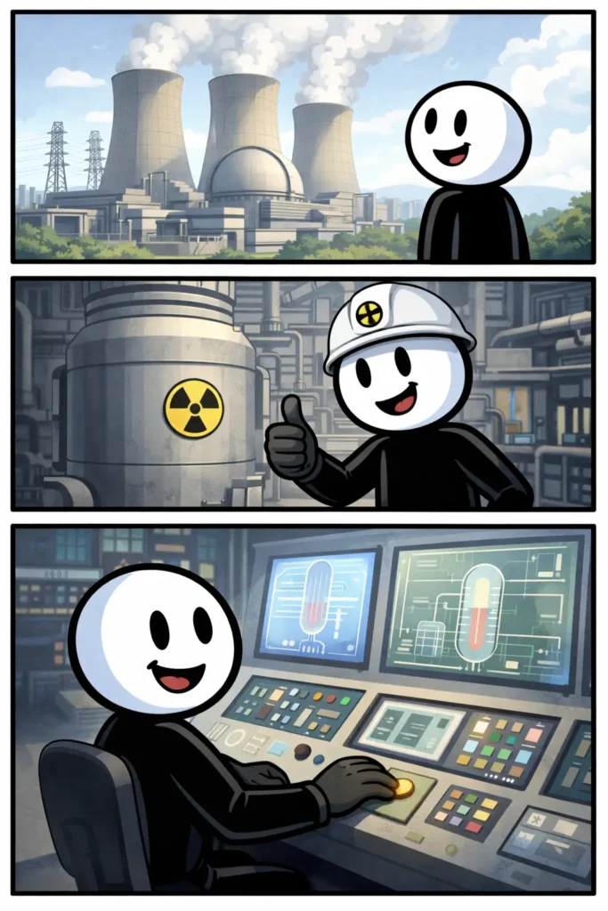 Stripafbeelding met drie panelen waarin een stickman bij een kerncentrale, reactor en controlekamer te zien is — Toonword Kernenergie.