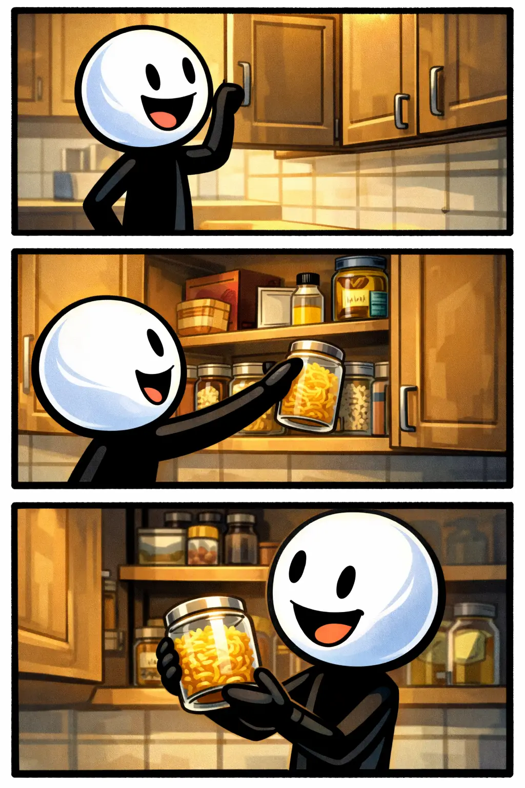 Stickman die een keukenkastje opent in een vrolijke keuken, passend bij het woord keukenkastje.
