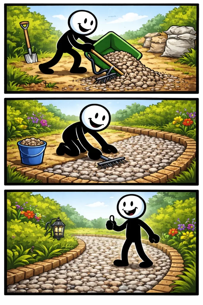 Stick verdeelt kiezelstenen over een tuinpad en maakt een gelijkmatig oppervlak van de kiezelstenen.