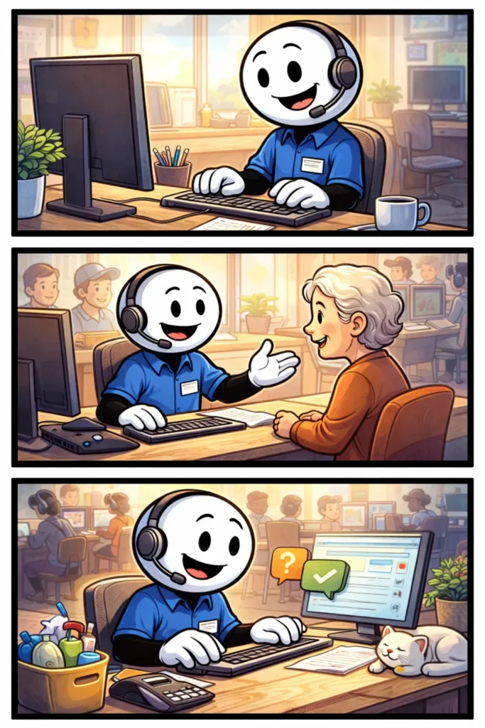 Stickman die klanten helpt achter een bureau als Toonword voor klantenservicewerk.