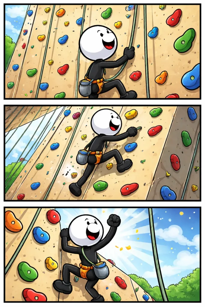 Stickman met witte kop en zwart lichaam klimt omhoog tegen een kleurrijke klimwand.