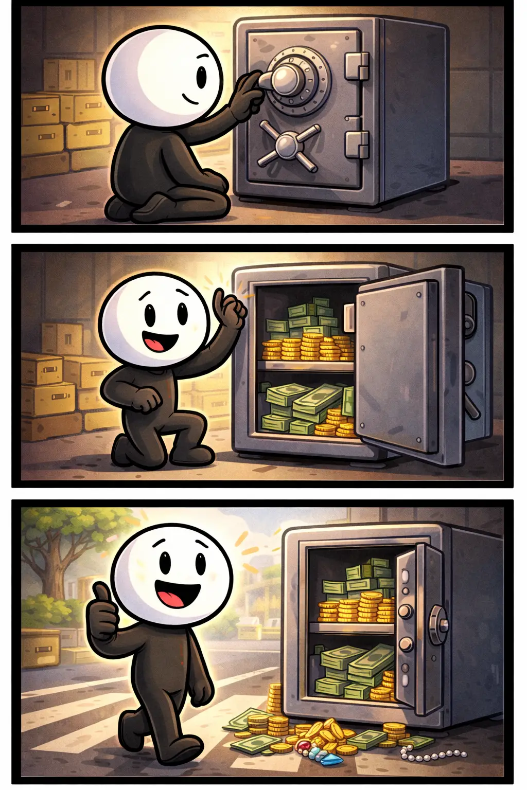 Stripafbeelding in Toonwords-stijl van een stickman die een Kluis opent en waardevolle spullen veilig bewaart in drie opeenvolgende panelen.