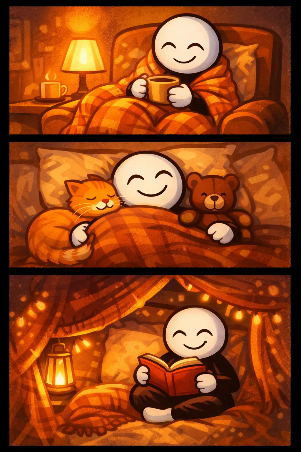 “Toonwords-afbeelding van het woord ‘Knus’ met een warme, kleine en veilige sfeer.”