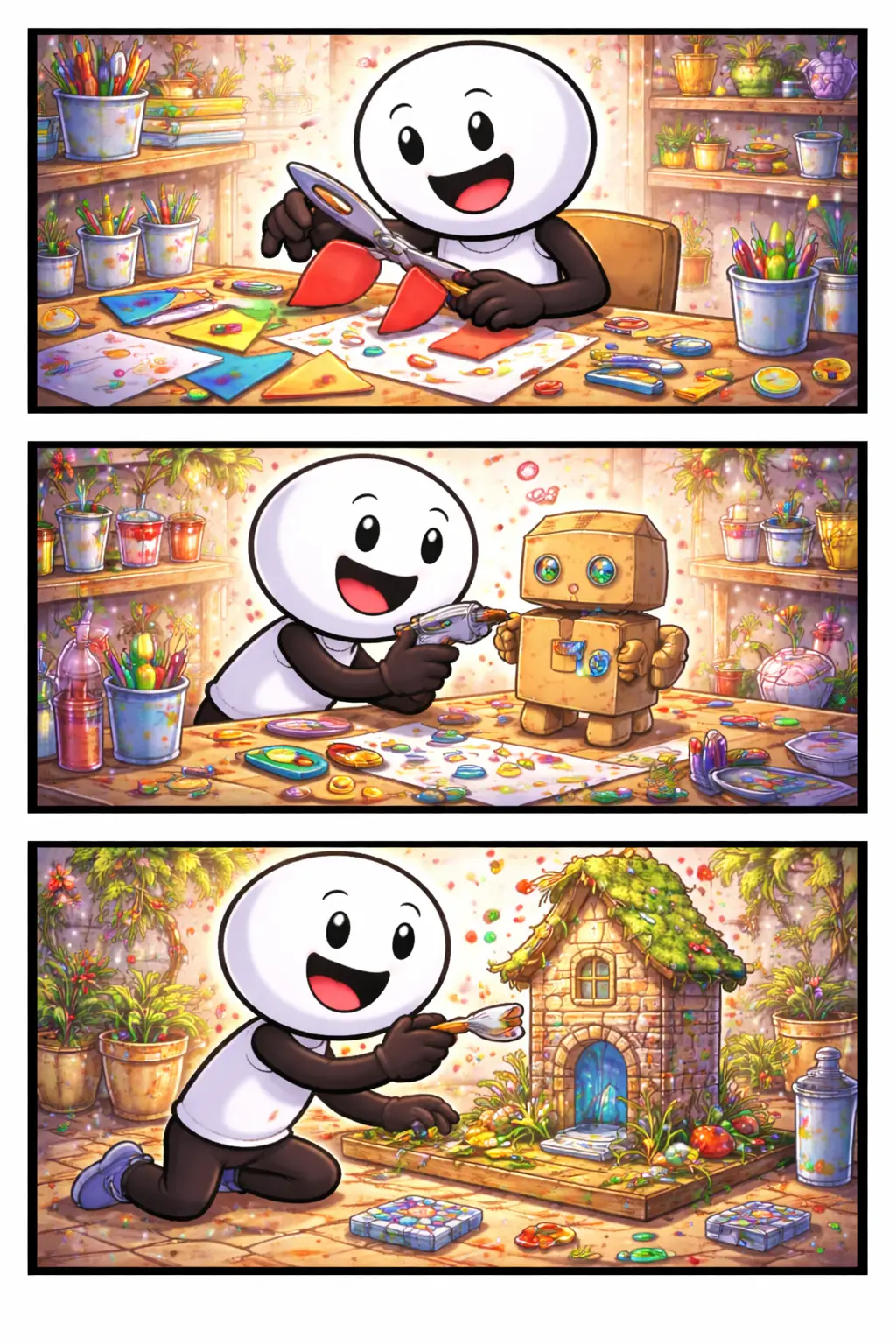 Drie-panelen stripafbeelding in Toonwords-stijl van een stickman die aan het knutselen is met verschillende materialen, vrolijk en creatief bezig, passend bij het Nederlandse woord Knutselen.