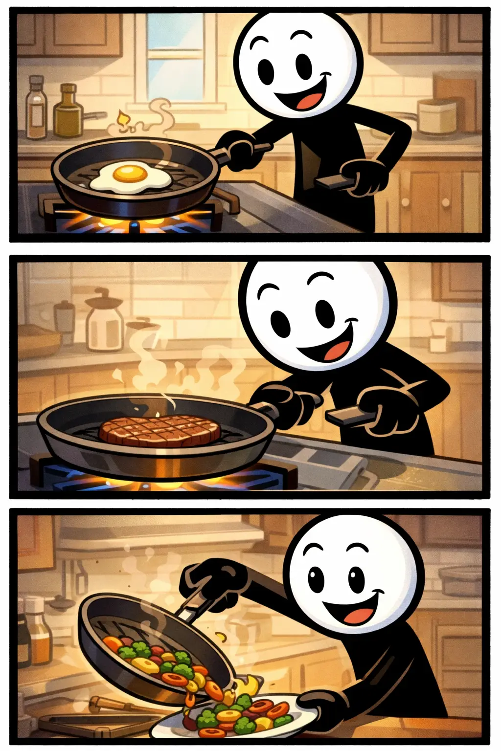 Stickman houdt een koekenpan vast boven het fornuis in een warme keuken – Koekenpan.