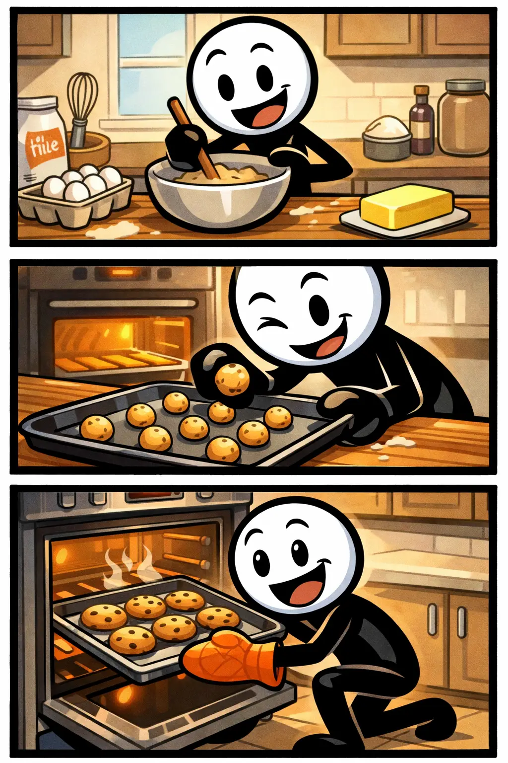 Stickman bakt koekjes in de keuken met blij gezicht – Toonwords-stijl – Koekjes bakken.