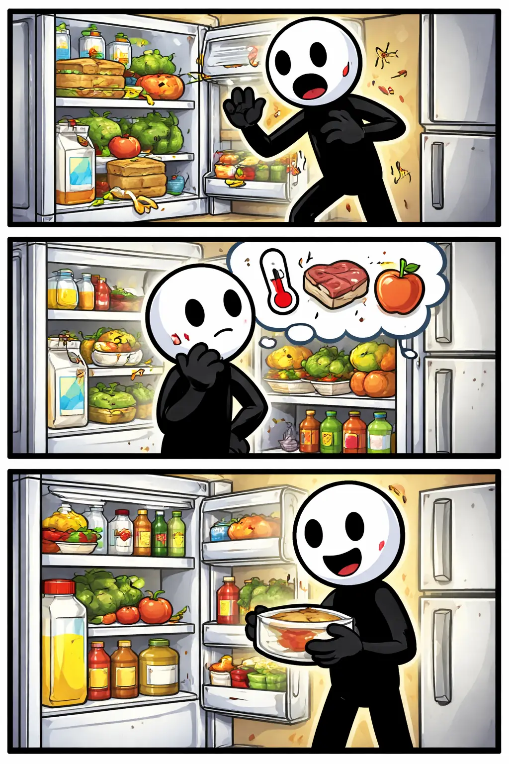 Toonwords-strip met een stickman bij een open koelkast die voedsel bekijkt en ordent.