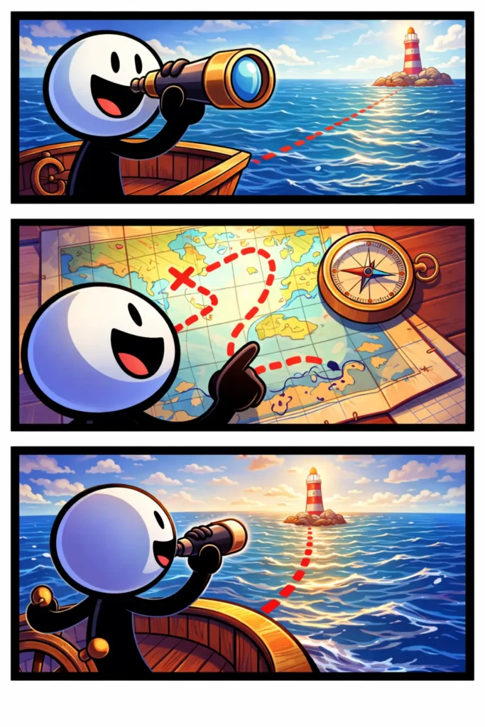 Stripafbeelding met drie unieke panelen van een stickman in Toonwords-stijl die zijn Koers bepaalt op zee, zonder tekst en met zwart kader.