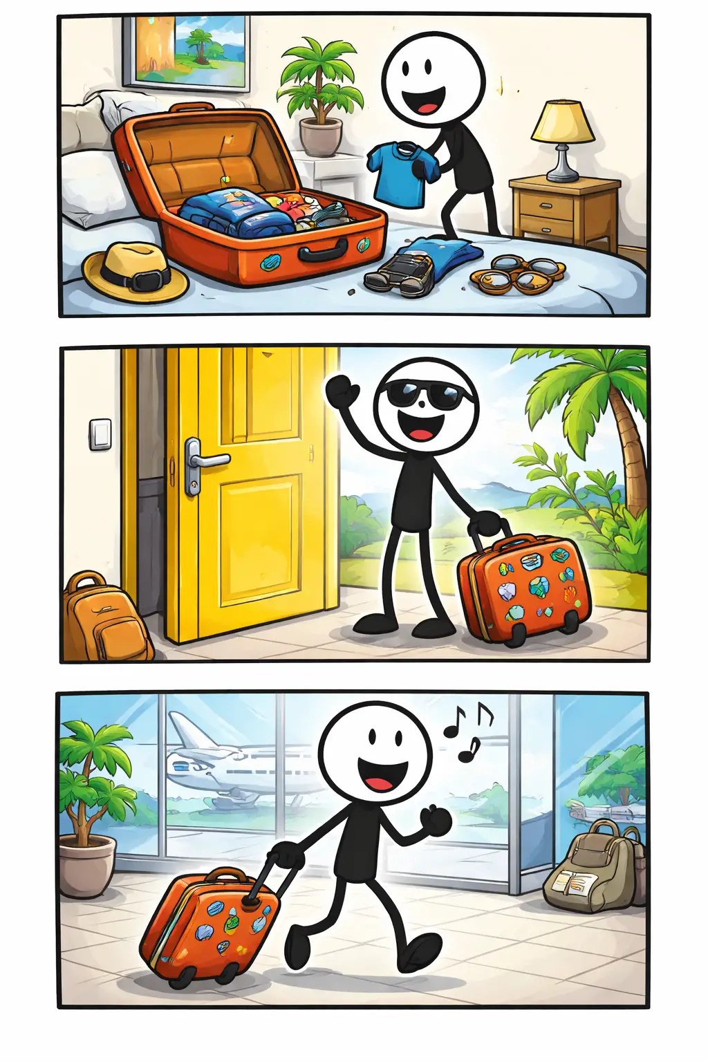 Toonwords-strip met een stickman die een koffer inpakt en ermee vertrekt op reis.