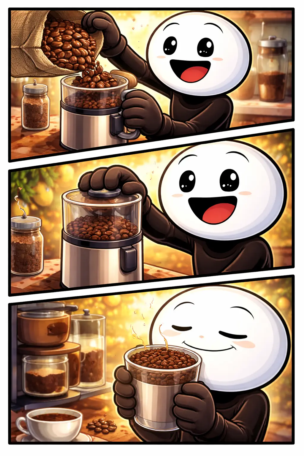 stickman die in drie panelen een koffiemolen gebruikt met bonen en vers gemalen koffie, passend bij het woord Koffiemolen