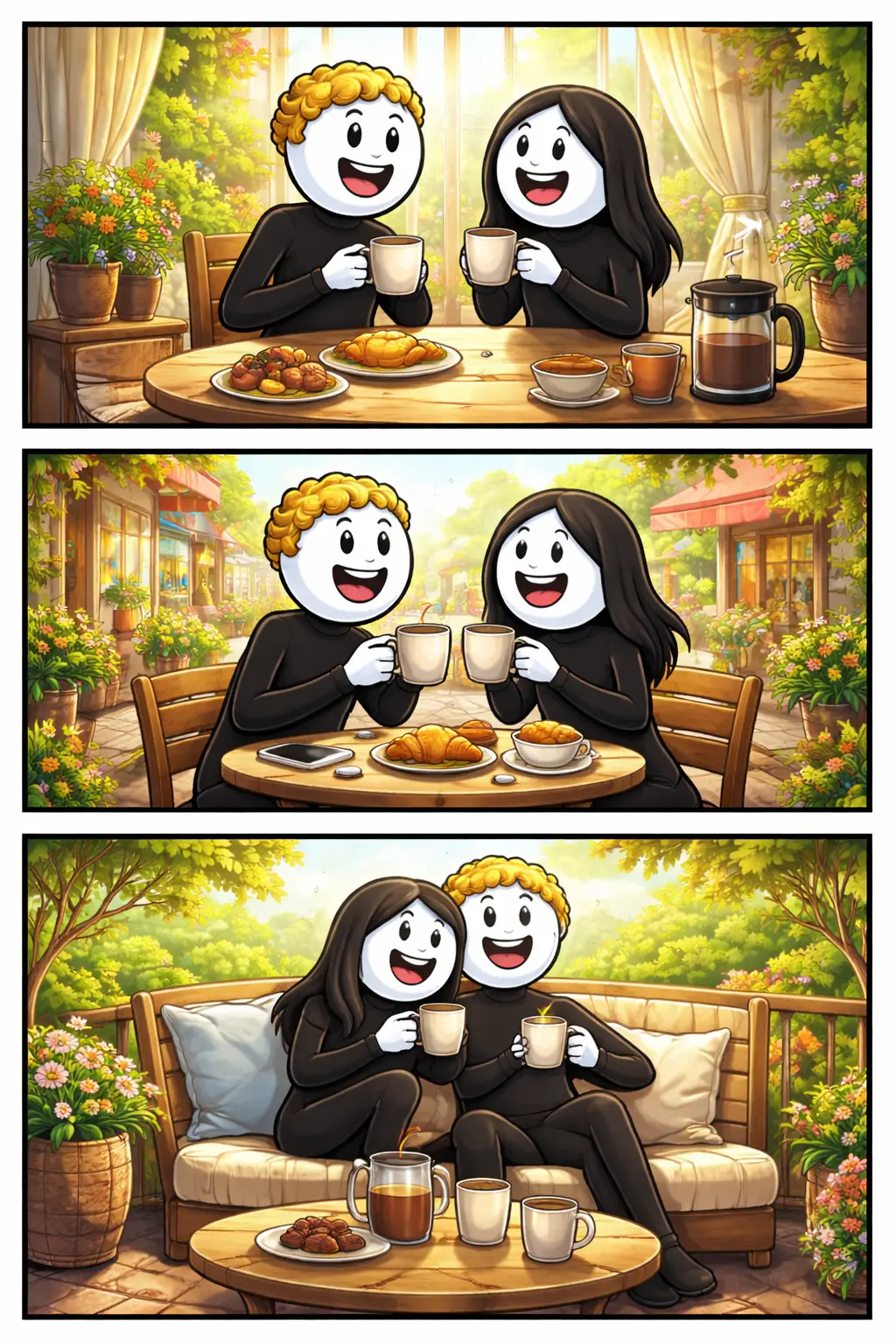 Driepanelige illustratie van een koffiemoment met een stickfiguur die koffie drinkt in een rustige omgeving, passend bij het woord Koffiemoment.