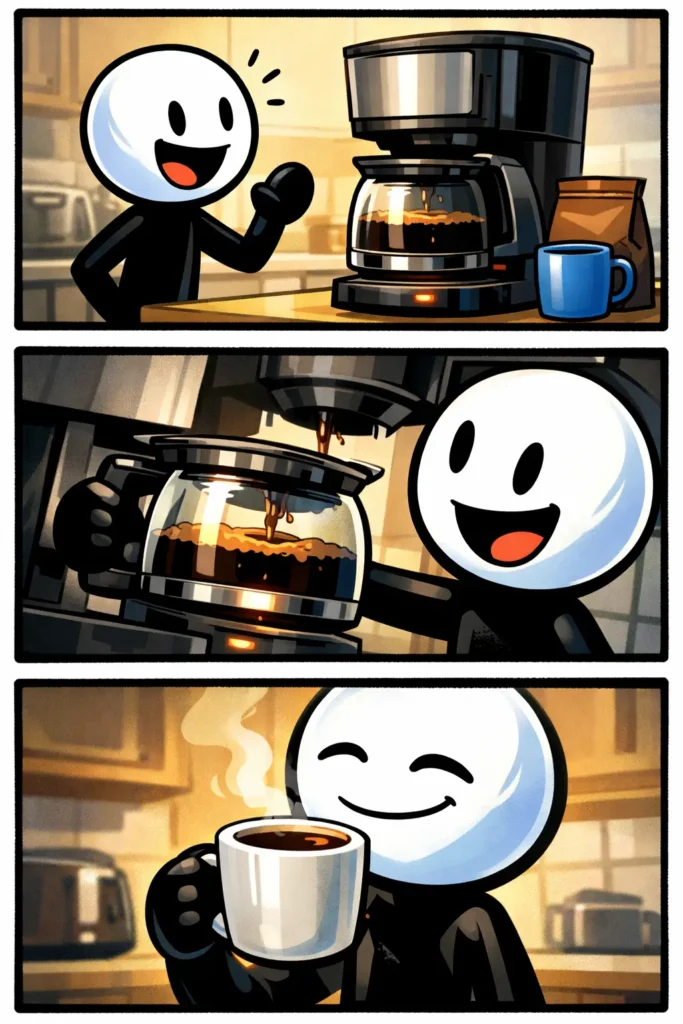 Stickman die een koffiezetapparaat gebruikt in een kleurrijke keuken, passend bij het woord koffiezetapparaat.