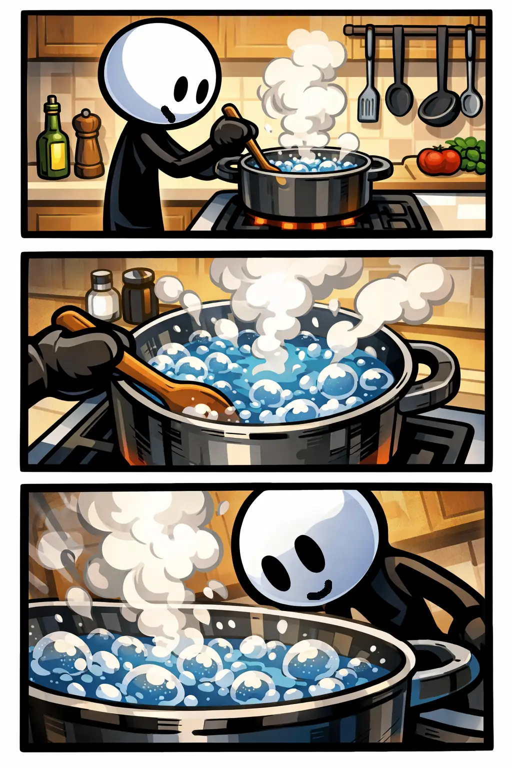 Stickman die water ziet borrelen in een pan tijdens het koken (koken borrelen).