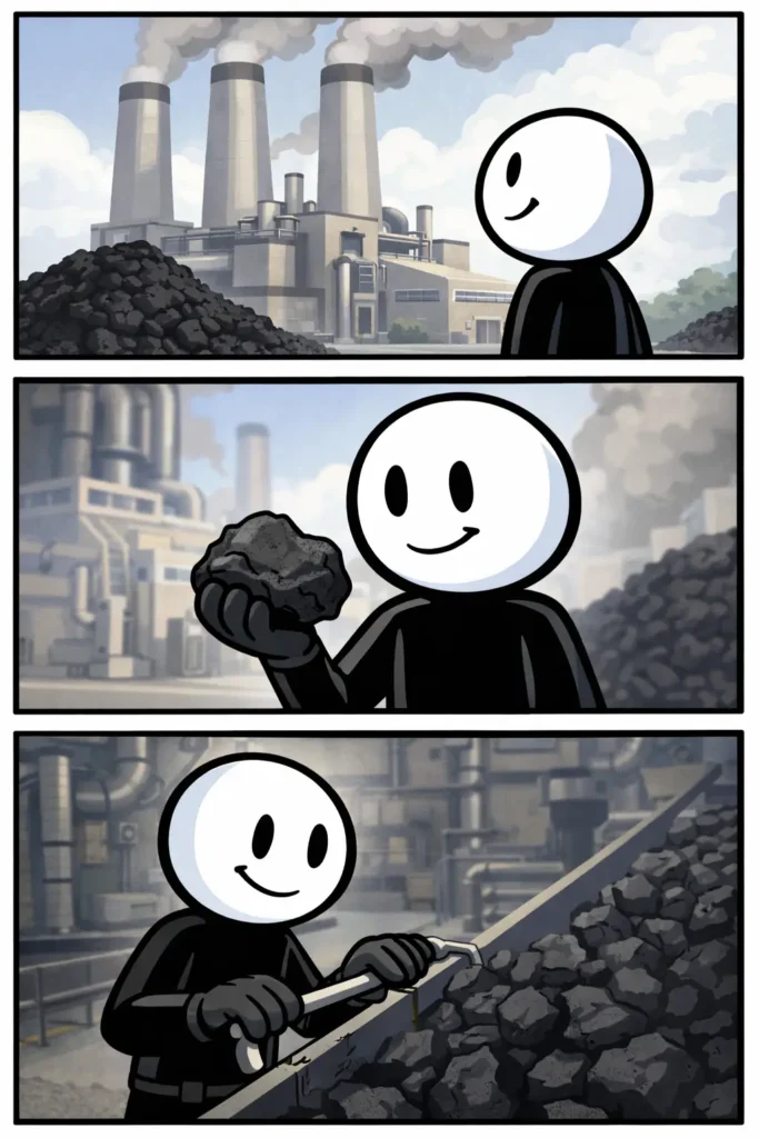Stripafbeelding met drie panelen waarin een kolencentrale wordt weergegeven met een stickman in verschillende cameraposities — Toonword Kolencentrale.