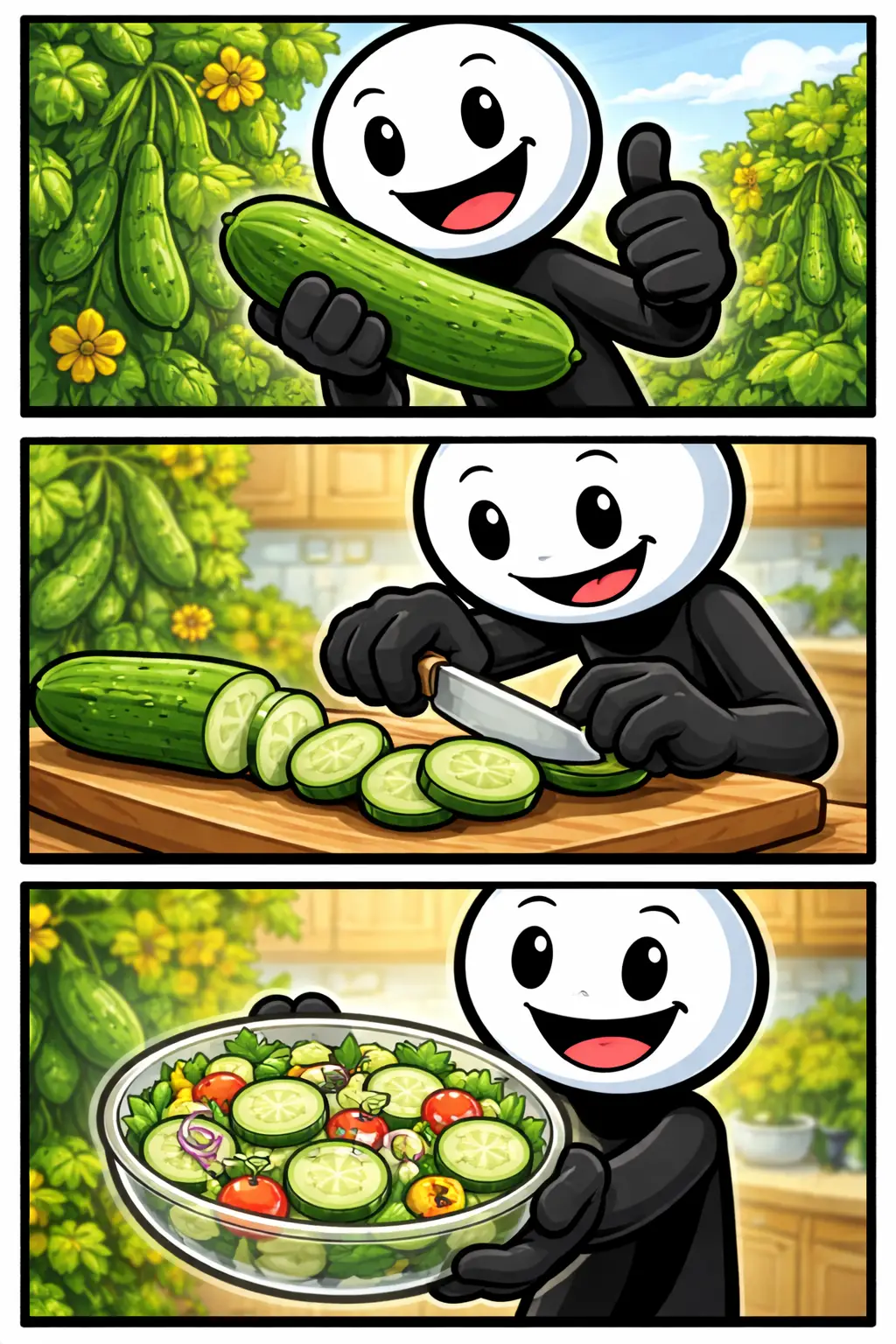 Stickman verwerkt een komkommer in drie panelen voor het woord komkommer.