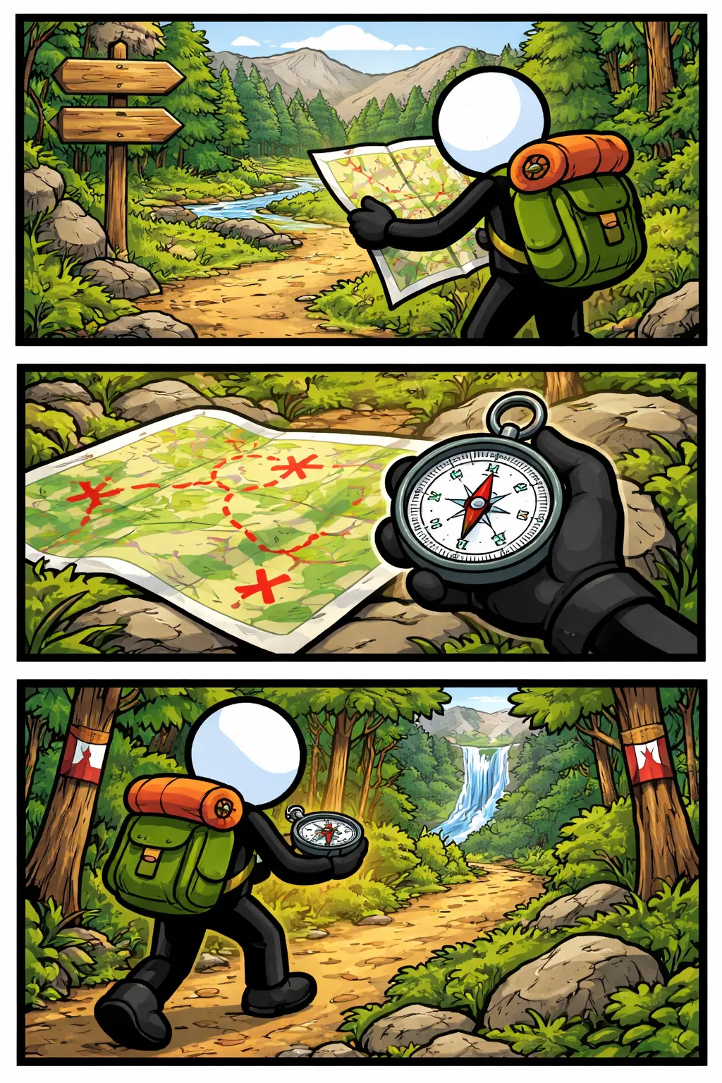 Stripafbeelding in Toonwords-stijl van een stickman die een kompasroute loopt.