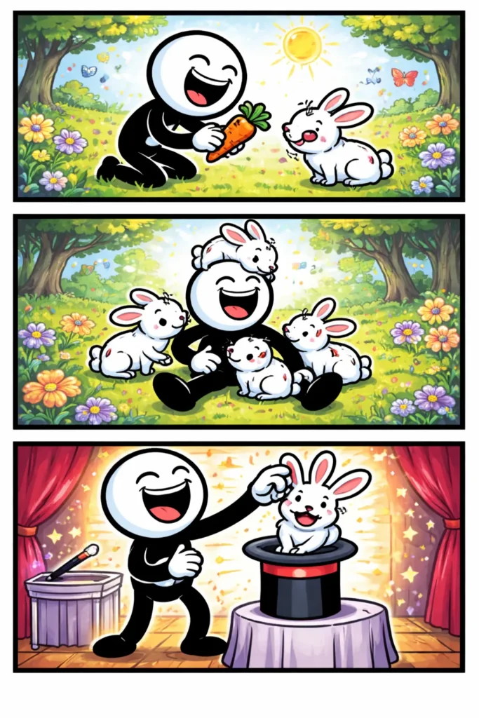 Stickman in Toonwords-stijl die een konijn tegenkomt in een natuurlijke omgeving, verdeeld over drie panelen, bij het woord Konijn.