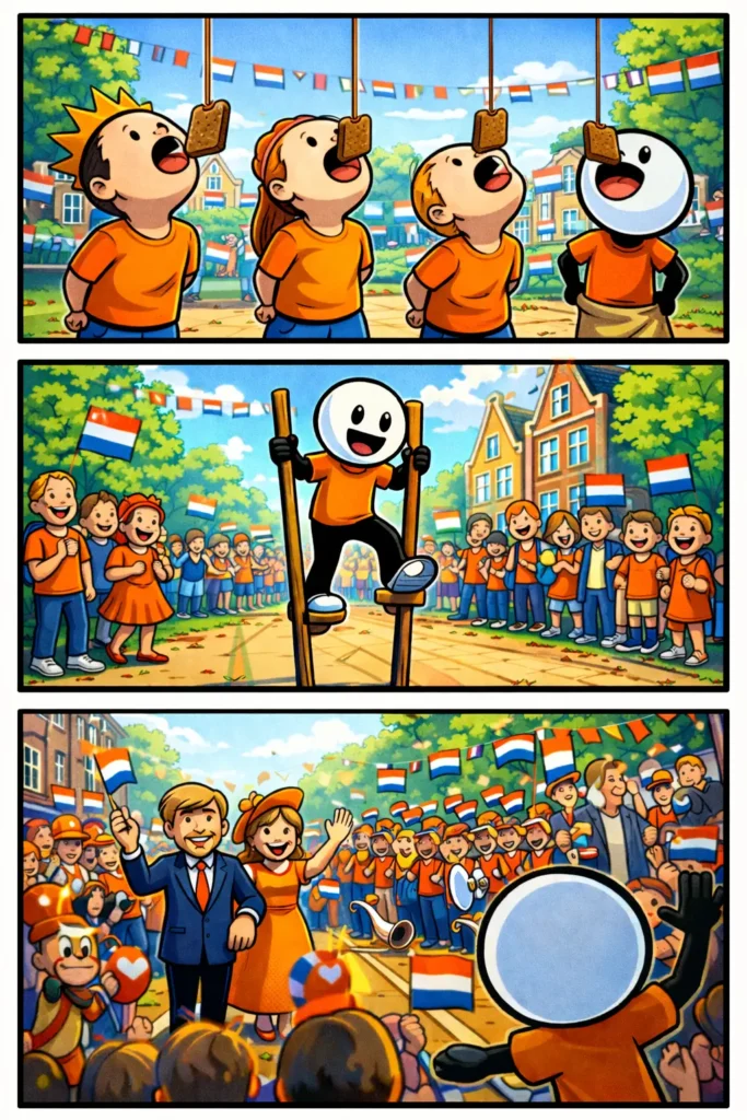 Stripafbeelding van een stickman die Koningsdag viert met koekhappen, steltlopen en een optocht in Nederland.