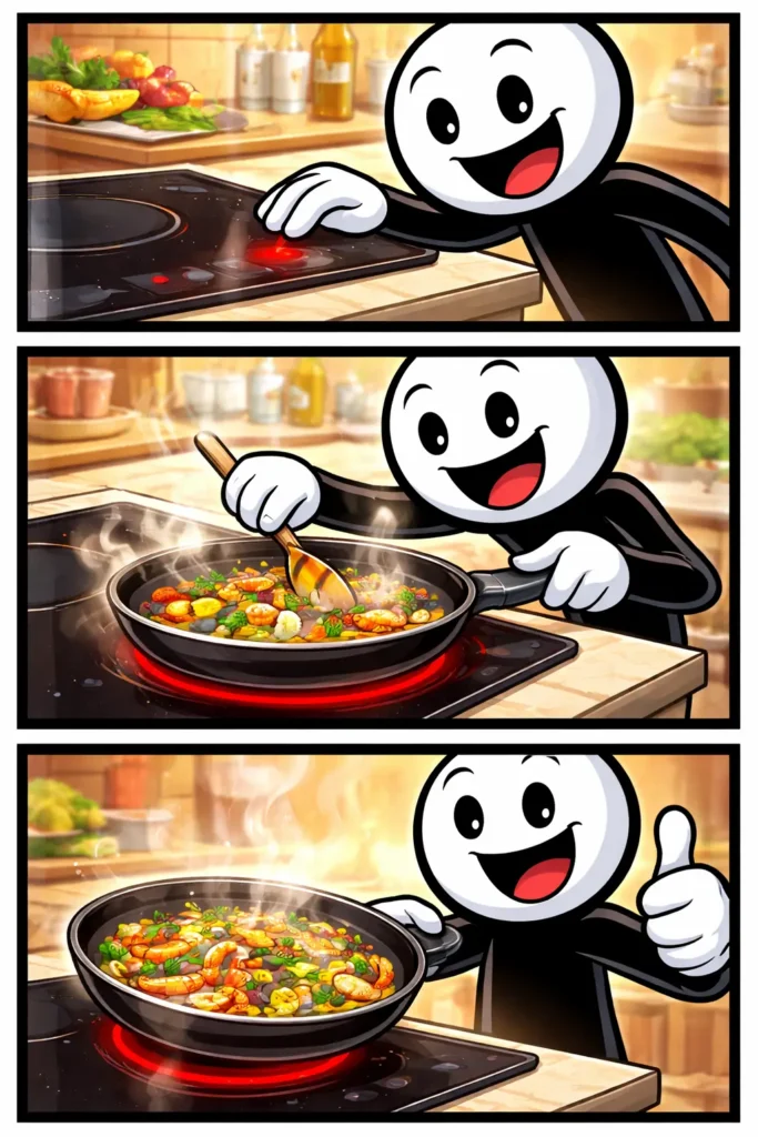 Stickman die kookt op een warme kookplaat in drie Toonwords-panelen.