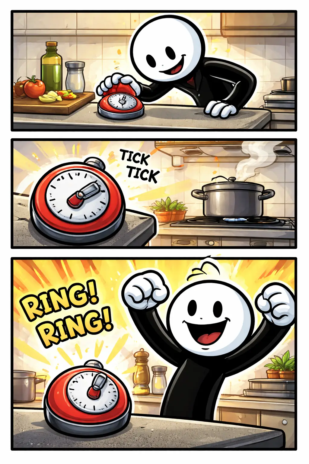 Toonwords-strip met een stickman die een kookwekker instelt, erop wacht en daarna ontspannen is terwijl de kookwekker op tafel staat.