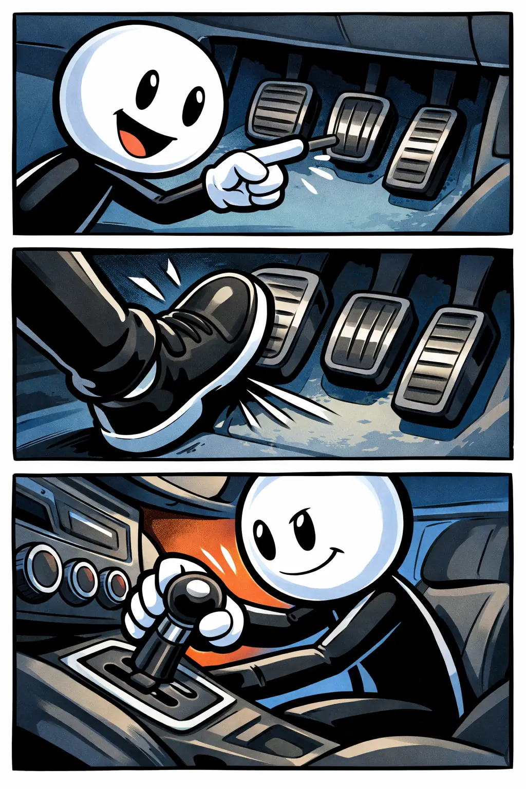 Toonwords-strip van een stickman die het linker pedaal aanwijst, intrapt en schakelt, als uitleg van de koppeling in een auto.