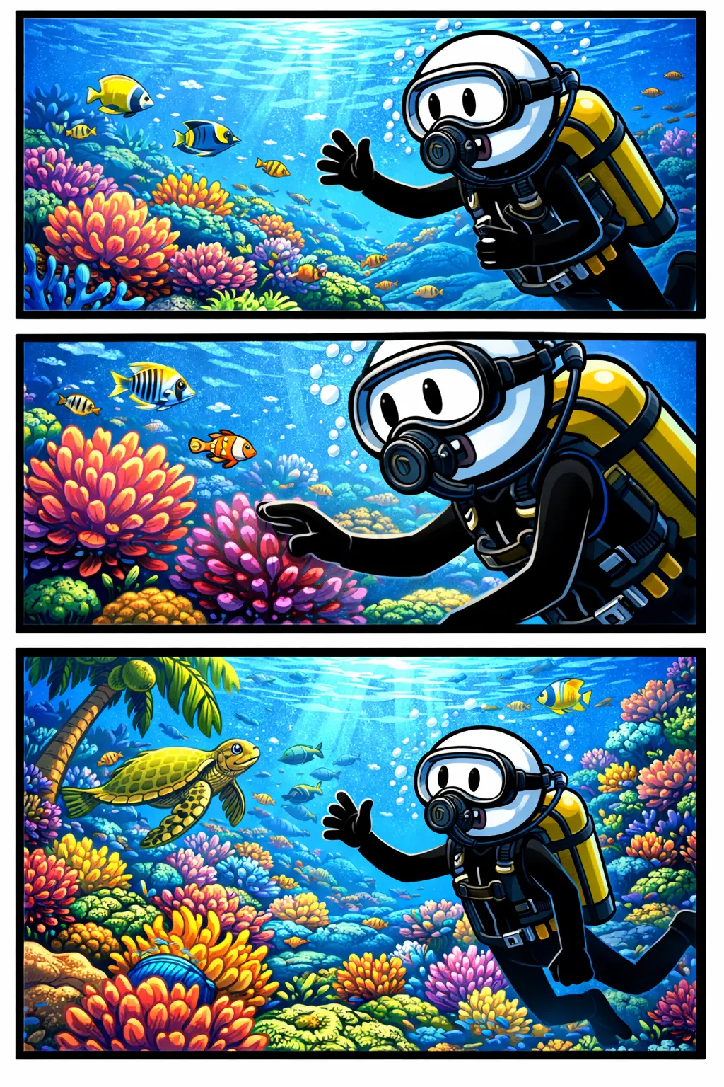 stickman duikt tussen kleurrijke koralen in een onderwaterwereld – koraalrif