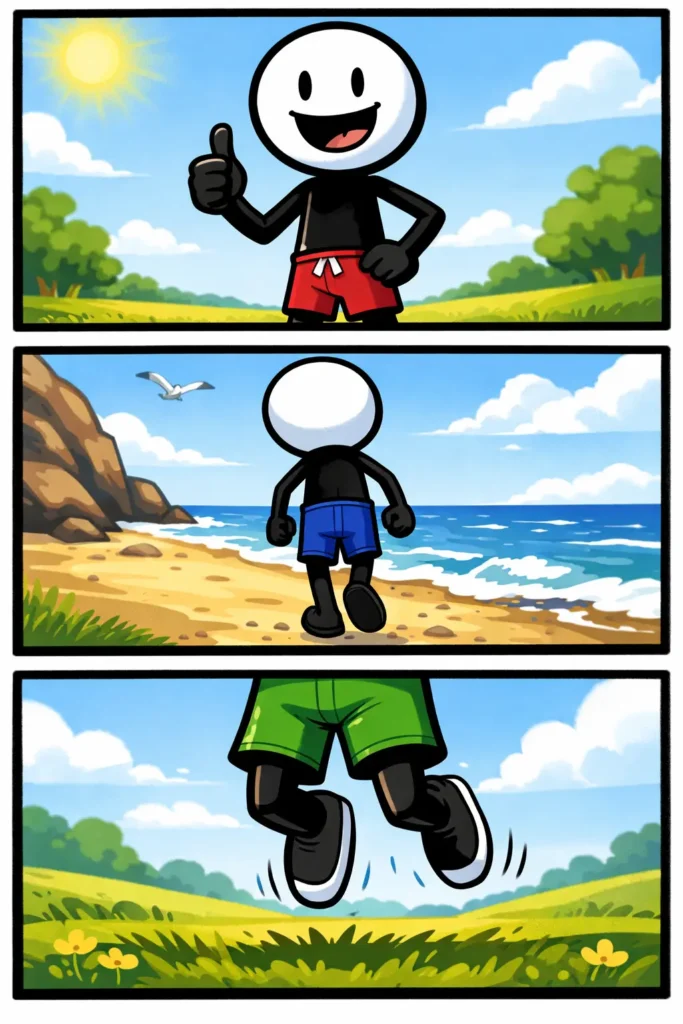 Stickman in Toonwords-stijl die een korte broek draagt in drie verschillende cameraposities.