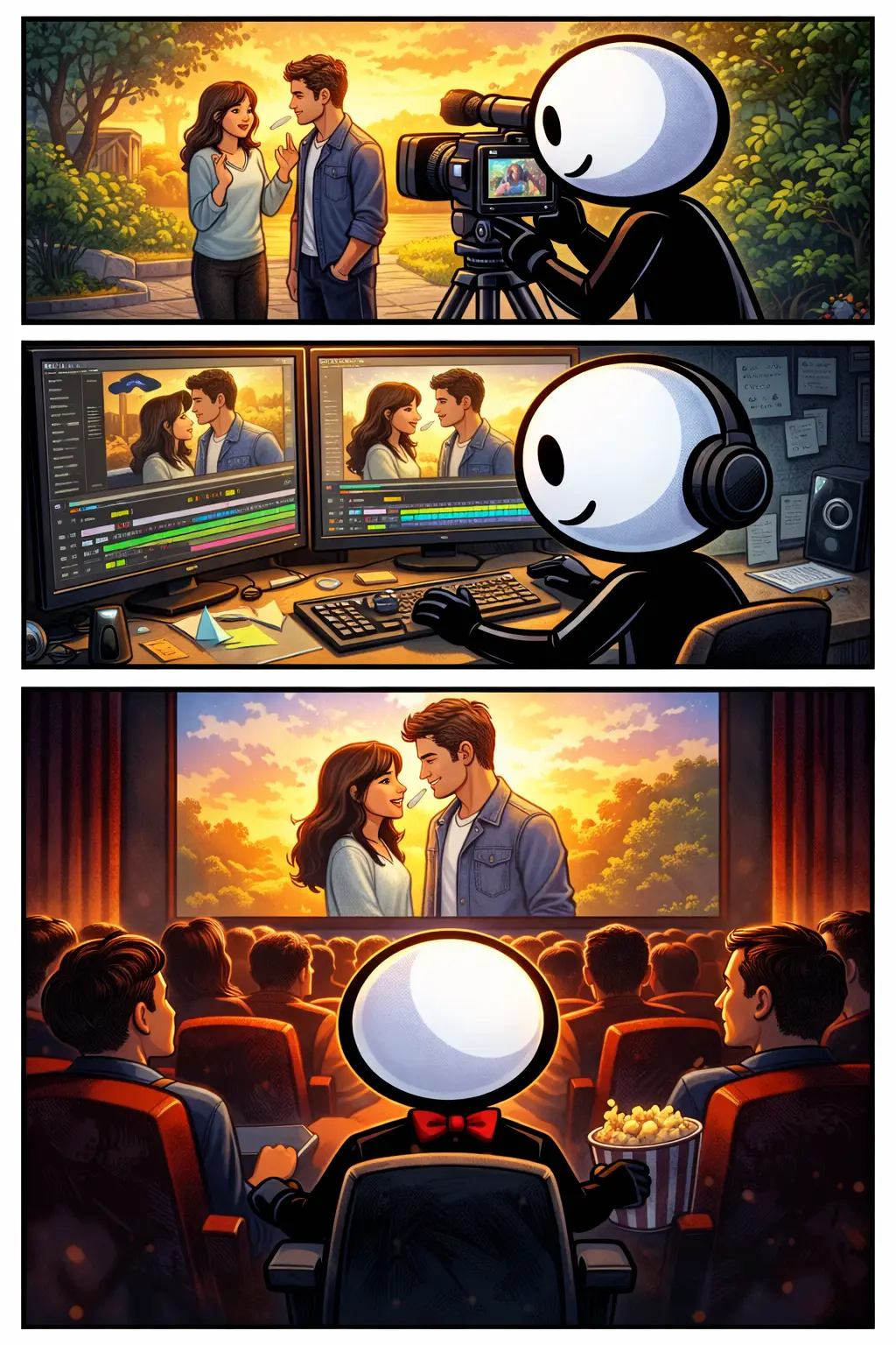 Toonwords-strip met een stickman in drie verticale panelen die verschillende camerastandpunten van een korte film laten zien.