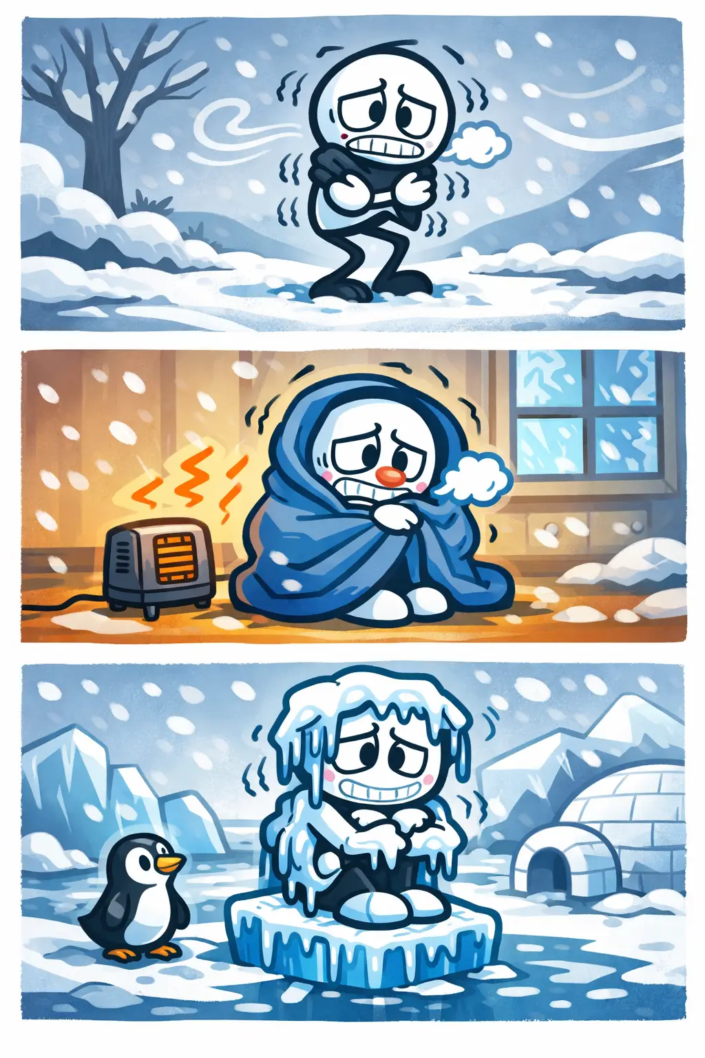 Driepanelige stripafbeelding van een stickman in Toonwords-stijl die laat zien hoe koud aanvoelt, met bibberen, samengetrokken houding en winterse kleuren.