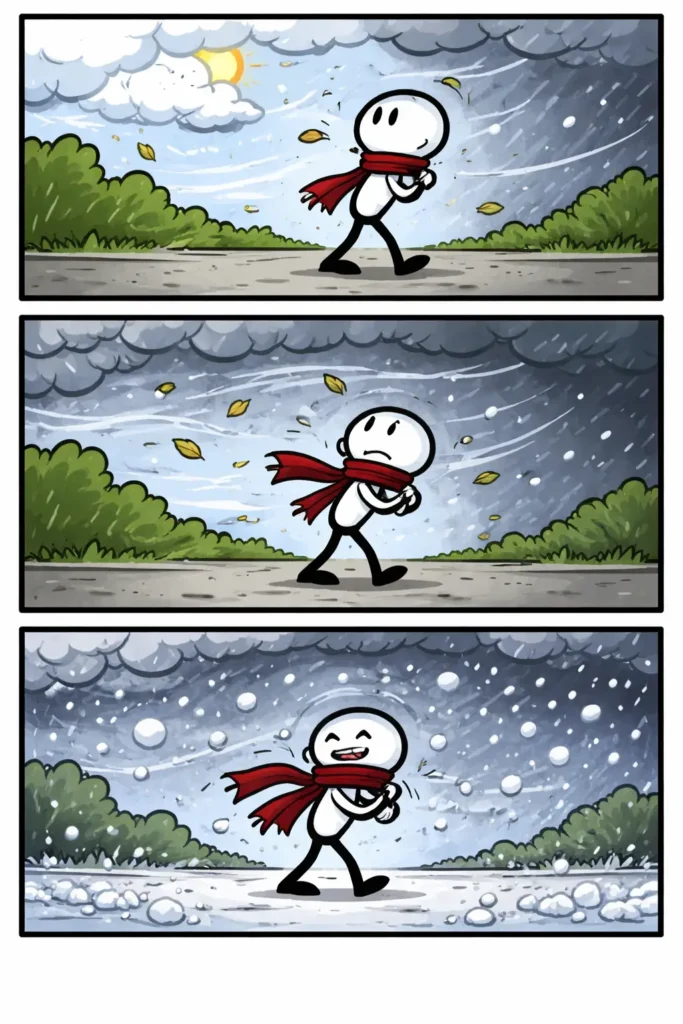 Stripafbeelding van een stickman die een koudefront meemaakt waarbij het weer plots kouder en winderiger wordt.