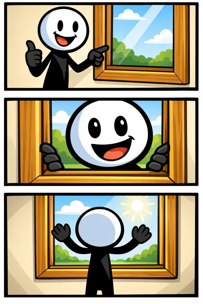 Stickman kijkt blij door een houten kozijn in Toonwords-stijl over het woord kozijn.