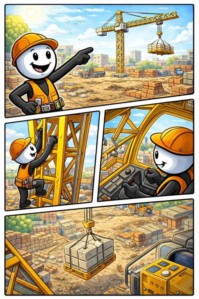 Toonwords-stripafbeelding van een stickman die een kraan beklimt en bedient op een bouwplaats, bij het Nederlandse woord Kraan.