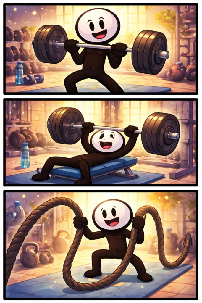Drie-panelen stripafbeelding in Toonwords-stijl van een stickman die krachtsport beoefent met gewichten.