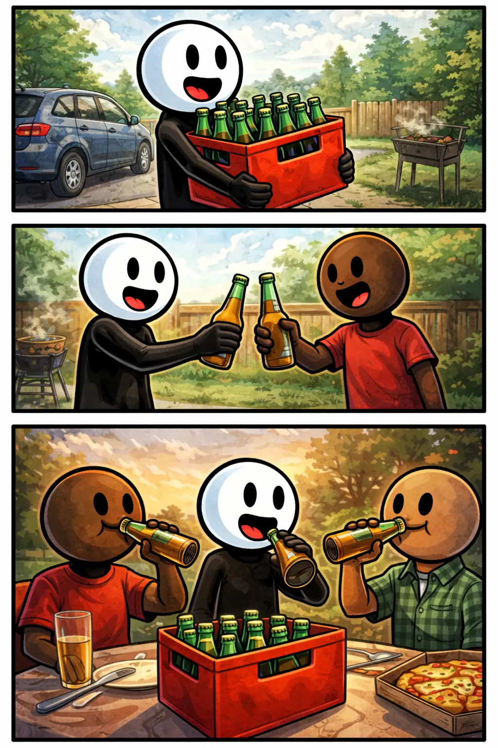 Toonwords-strip over Kratje bier met een stickman die een krat bier draagt en deelt met anderen.