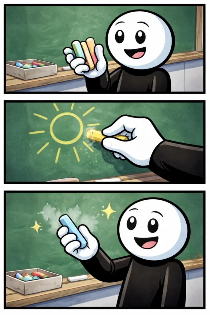 Stickman die met krijt op een schoolbord schrijft – Krijt.