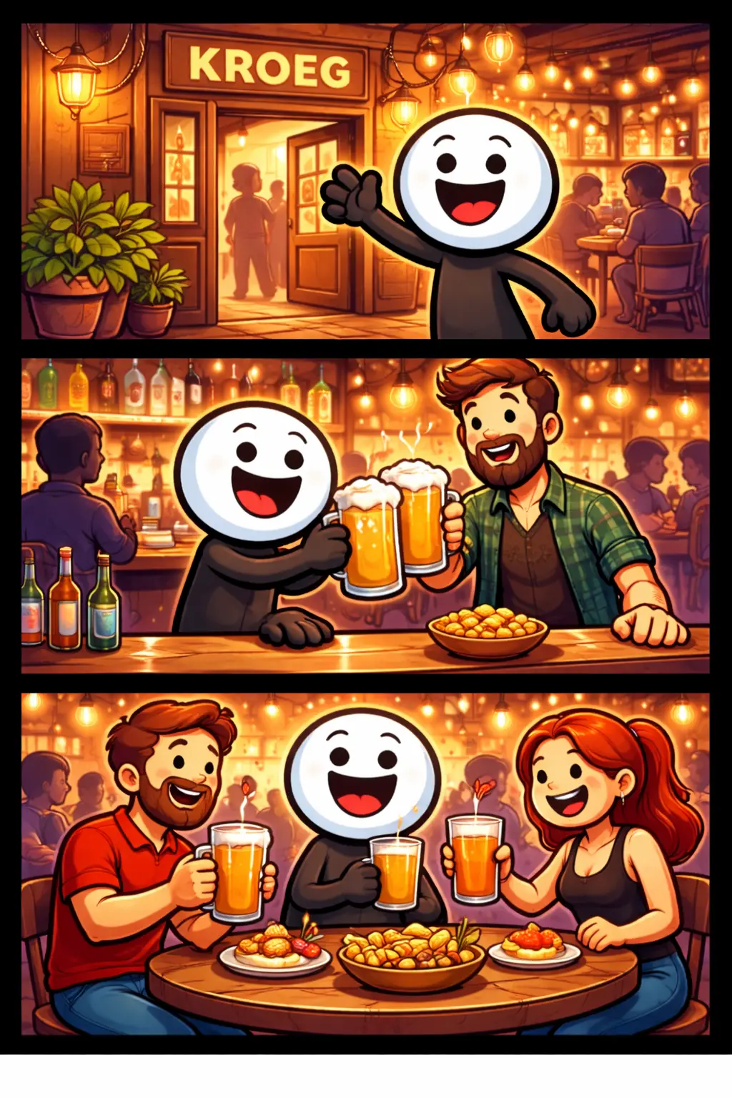 Stickman in Toonwords-stijl in een kroeg met een drankje aan de bar, omringd door een warme en informele kroegsfeer, passend bij het woord Kroeg. Vue Felix.