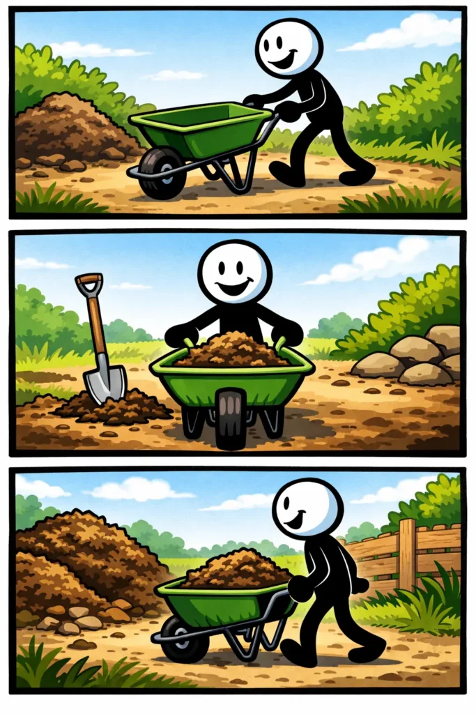 Stick duwt een kruiwagen met aarde in de tuin, precies passend bij het woord kruiwagen.