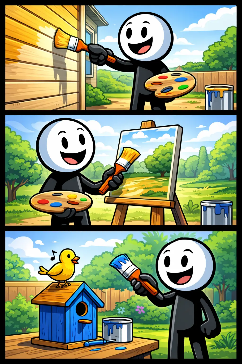 Strip van Kwast: stickman schildert in drie panelen onder elkaar met verschillende scènes en een kwast als centraal hulpmiddel.