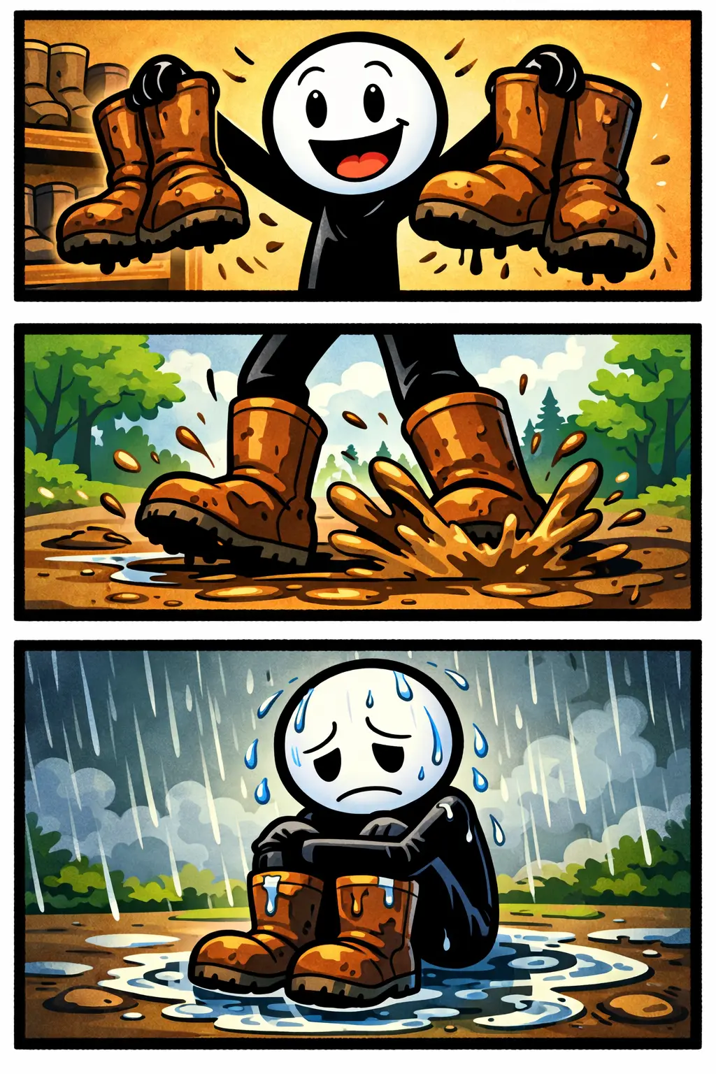 Stickman in kleur die laarzen draagt in drie panelen, Toonwords-stijl, bij het woord “laarzen”.