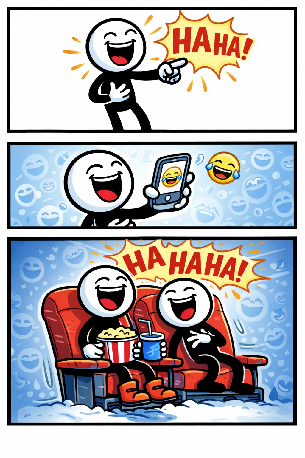 Stickman in Toonwords-stijl die lachen uitbeeldt in verschillende grappige situaties, verdeeld over drie panelen, bij het woord lachen.