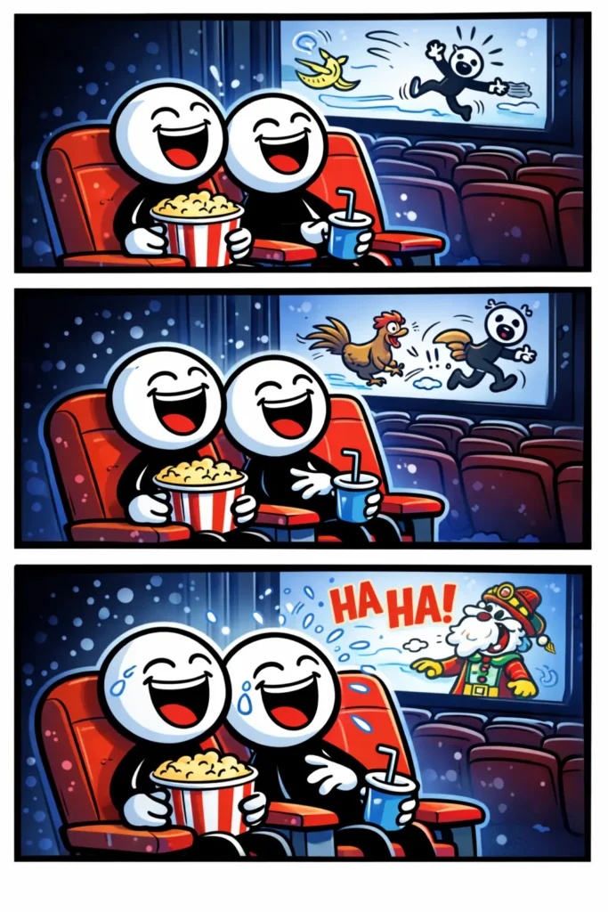 Stickman in Toonwords-stijl die samen met een ander een lachfilm bekijkt in de bioscoop, verdeeld over drie panelen.
