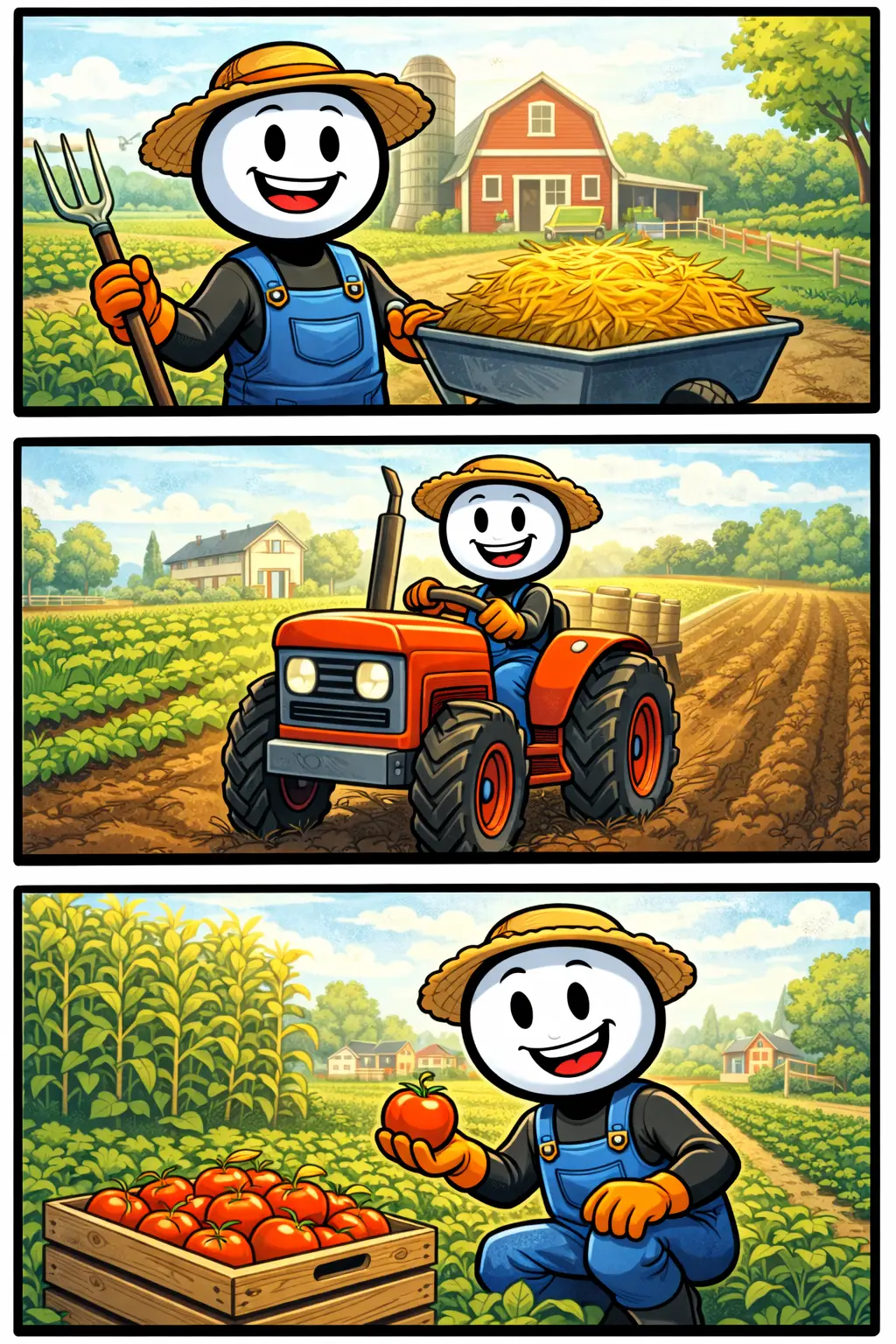 Stickman in drie panelen die landbouwwerk doet op een boerderij — toonword landbouwwerk.