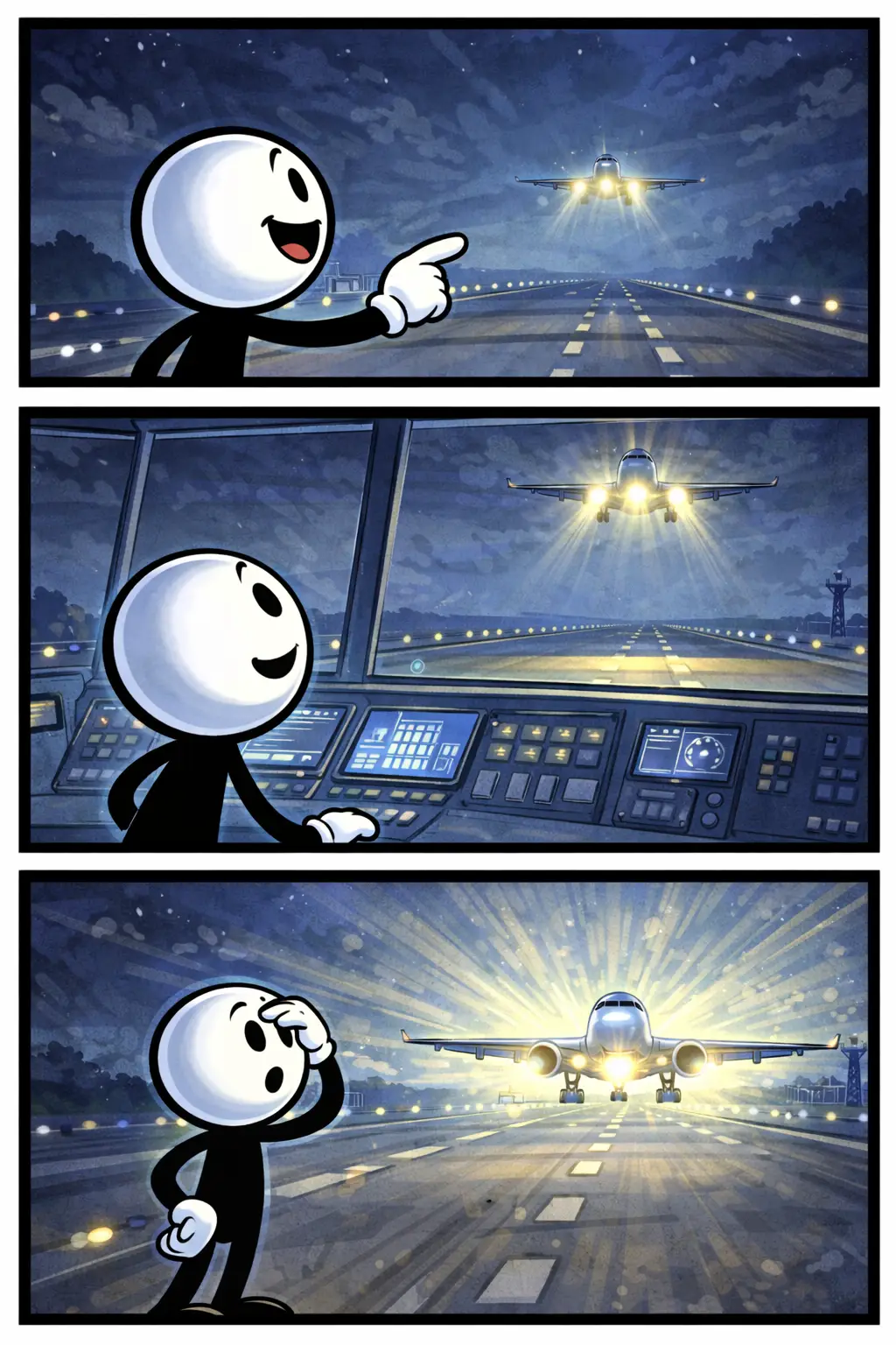 Toonwords-strip met een stickman die een vliegtuig met brandend landingslicht ziet naderen voor de landing.